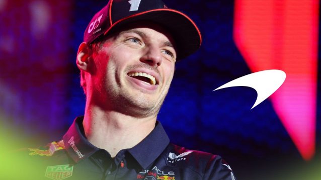 Max Verstappen, Red Bull, smiling at the 2025 Qatar Grand Prix, as a McLaren logo appears on the right