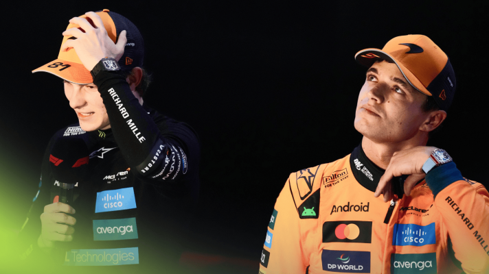 Oscar Piastri speaks during an interview in Qatar as Lando Norris looks to the sky