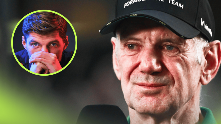 A close-up shot of Adrian Newey with an inset of Max Verstappen covering his mouth