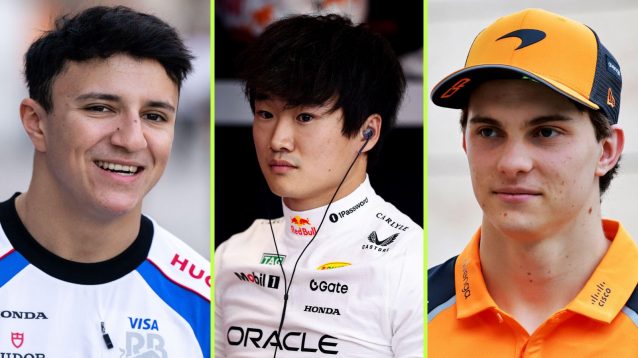 From left to right, Isack Hadjar, Racing Bulls, Yuki Tsunoda, Red Bull, and Oscar Piastri, McLaren, pictured at the 2025 Qatar Grand Prix