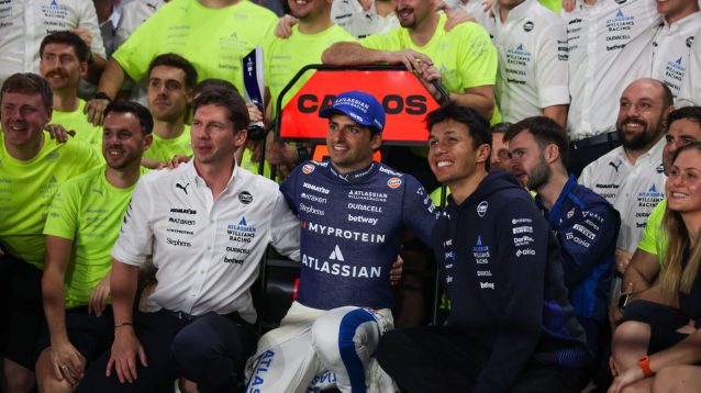 Carlos Sainz and James Vowles celebrate Qatar podium