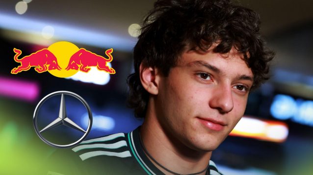 Kimi Antonelli pictured at the 2025 Qatar Grand Prix with the Red Bull and Mercedes logos on the left