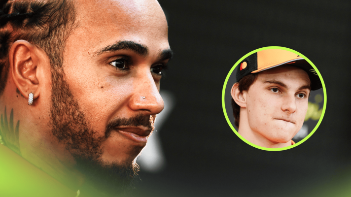 A close-up shot of Lewis Hamilton with an inset of Oscar Piastri