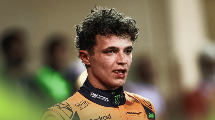 Lando Norris looks on in parc ferme in Bahrain
