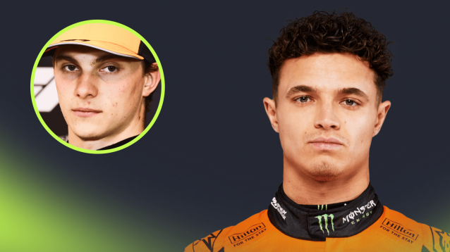 A studio shot of Lando Norris in McLaren overalls with an inset of Oscar Piastri