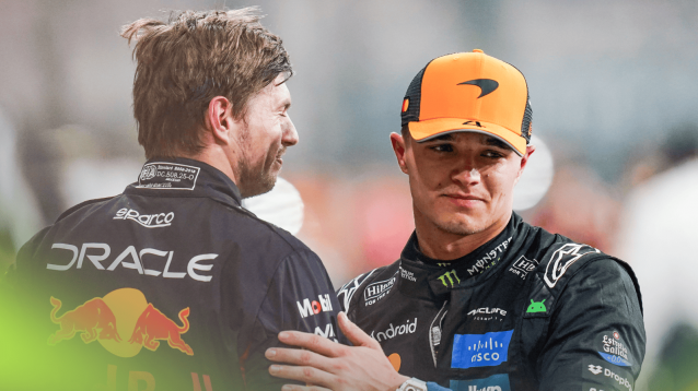 Lando Norris pats a smiling Max Verstappen on the arm after qualifying in Abu Dhabi