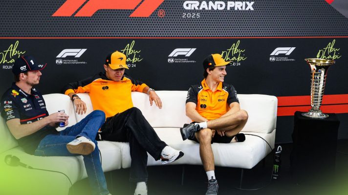 Max Verstappen, Lando Norris and Oscar Piastri speak in a 2025 Abu Dhabi GP press conference, alongside the world championship trophy