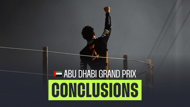 A silhouette shot of Lando Norris punching the air on the Abu Dhabi podium with the night sky as the background and a PlanetF1.com conclusions banner positioned centre-bottom