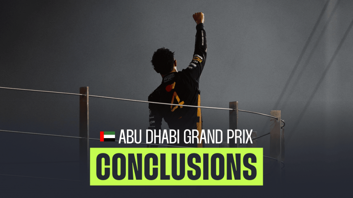 A silhouette shot of Lando Norris punching the air on the Abu Dhabi podium with the night sky as the background and a PlanetF1.com conclusions banner positioned centre-bottom