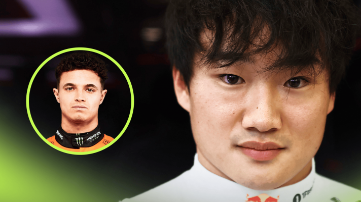 A close-up shot of Yuki Tsunoda eyeing the camera with an inset of Lando Norris
