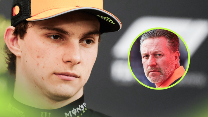 A close-up shot of Oscar Piastri in a press conference with an inset of Zak Brown