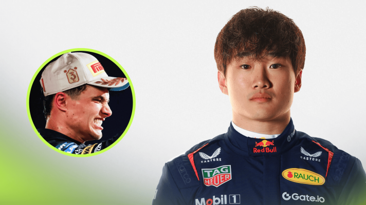 A studio shot of Yuki Tsunoda in Red Bull overalls with an inset of Lando Norris gritting his teeth while celebrating on the podium