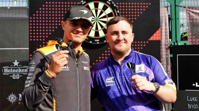 Lando Norris alongside darts player Luke Littler.