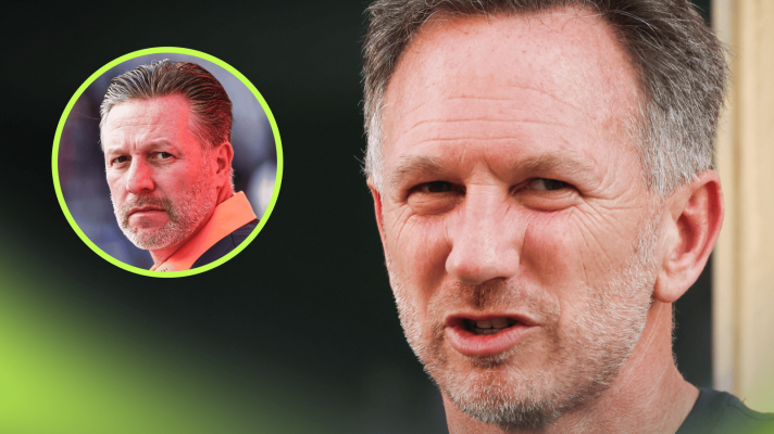 A close up shot of Christian Horner in conversation with an inset of Zak Brown turning his head