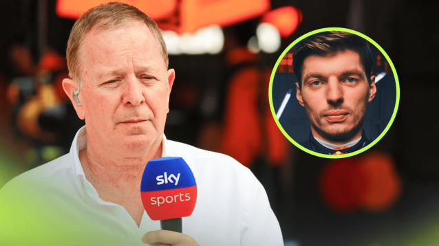 Martin Brundle holds a Sky F1 microphone outside the McLaren garage with an inset of Max Verstappen
