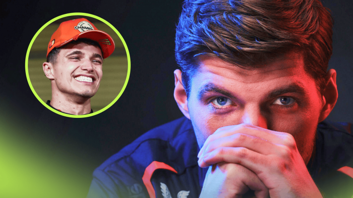 Max Verstappen eyes the camera with his hands over his mouth with an inset of Lando Norris grinning broadly