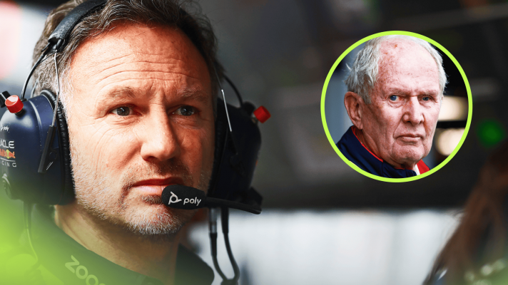 Christian Horner looks on alert on the Red Bull pit wall with an inset of Helmut Marko