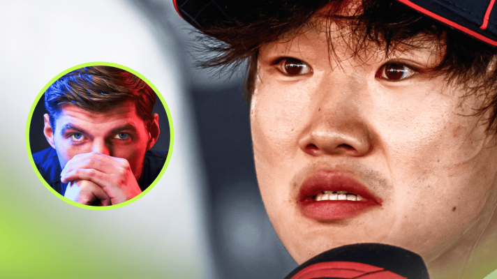 A close-up shot of Yuki Tsunoda looking distressed with an inset of Max Verstappen looking menacing with his hands covering his mouth