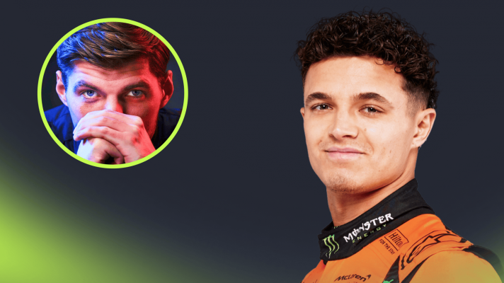 A studio shot of Lando Norris smiling with an inset of Max Verstappen posing with his hands covering his mouth