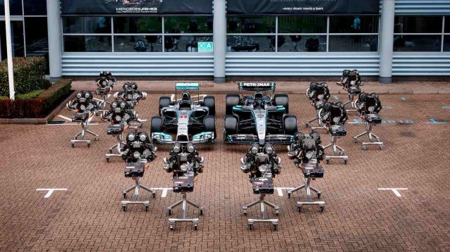 Mercedes uncovers its 12 power units from the turbo hybrid era.