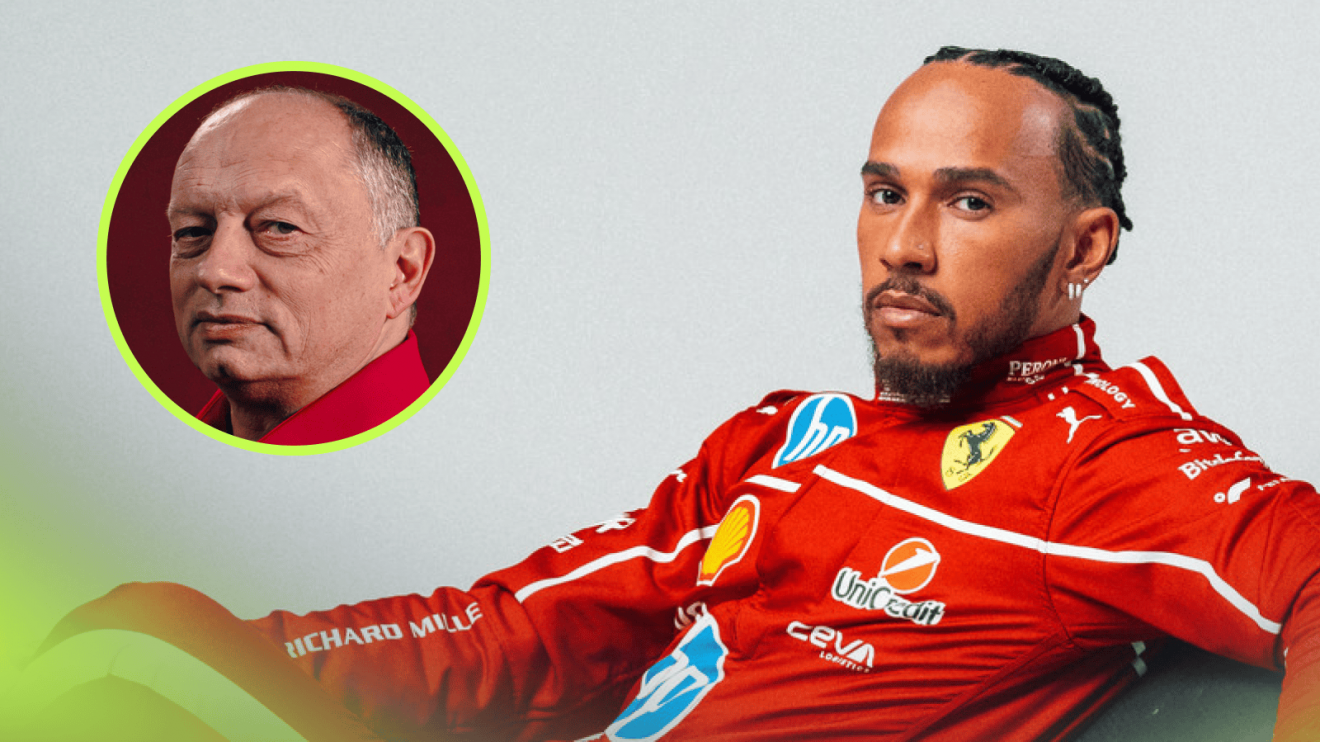 Lewis Hamilton eyes the camera while posing in Ferrari overalls with an inset of Fred Vasseur