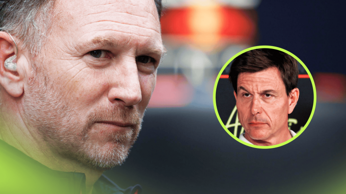 A close-up shot of Christian Horner with an inset of Toto Wolff alongside him