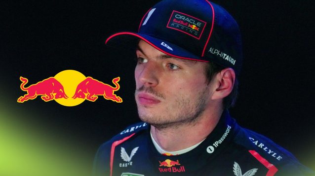 Max Verstappen pictured at the 2025 Qatar Grand Prix, as a Red Bull logo appears on the left