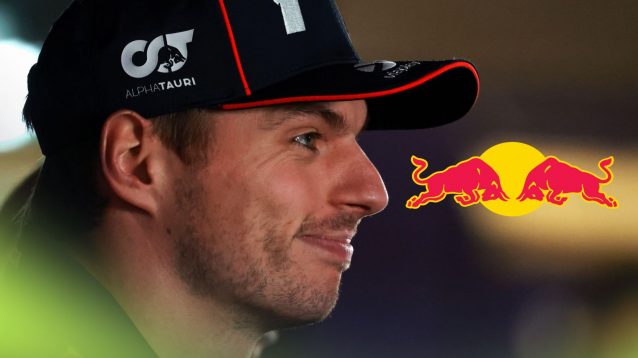 Red Bull driver Max Verstappen pictured at the 2025 Qatar Grand Prix, as a Red Bull logo appears on the right