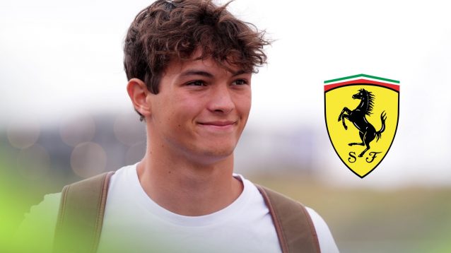 Oliver Bearman, Haas, pictured at the 2025 Dutch Grand Prix, as a Ferrari logo appears on the right