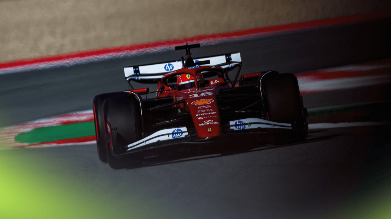 An action shot of Charles Leclerc's Ferrari on track at the Spanish Grand Prix
