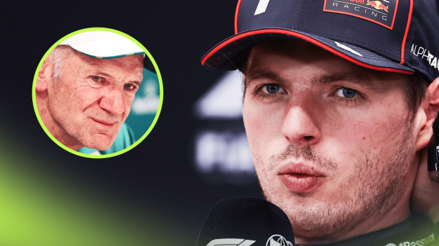 Max Verstappen speaks into a microphone in a press conference with an inset of Adrian Newey smiling thinly
