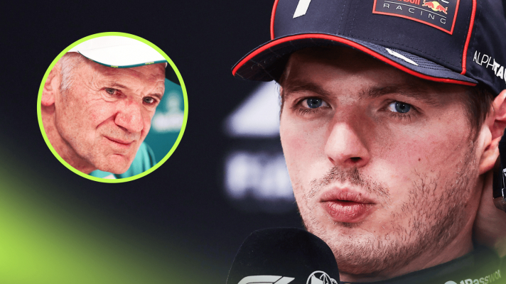 Max Verstappen speaks into a microphone in a press conference with an inset of Adrian Newey smiling thinly