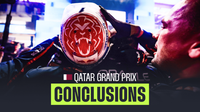 A POV shot of Max Verstappen diving on a group of Red Bull mechanics in celebration with the lion image on his helmet visible and a PlanetF1.com conclusions banner positioned centre-bottom