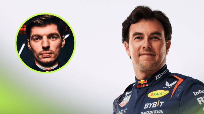 A studio shot of Sergio Perez in Red Bull overalls with an inset of Max Verstappen