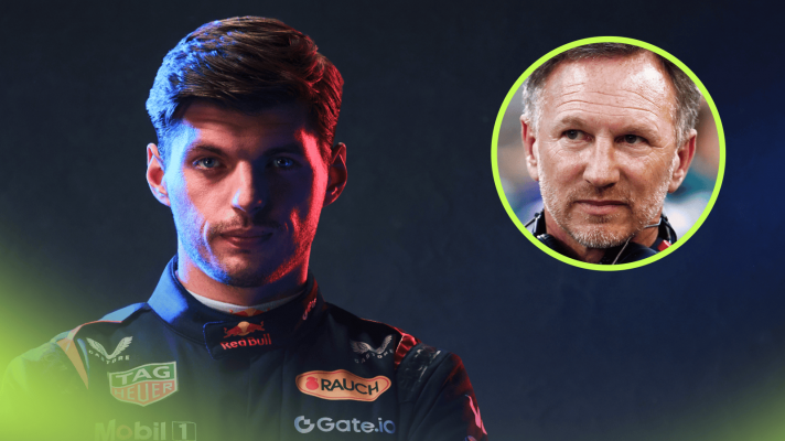 Max Verstappen eyes the camera with an inset of Christian Horner alongside him