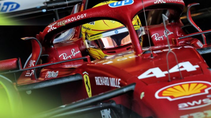 Lewis Hamilton at the wheel of his Ferrari in 2025.