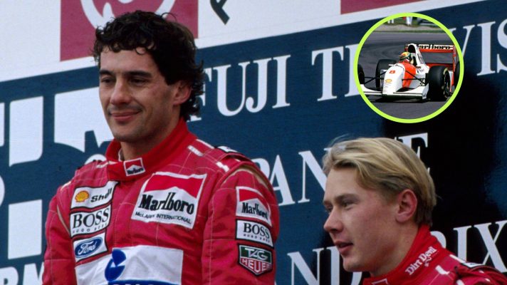 McLaren's Ayrton Senna and Mika Hakkinen on the podium at the 1993 Japanese Grand Prix.