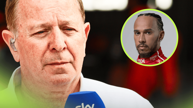 A close-up shot of Martin Brundle holding a Sky F1 microphone with an inset of Lewis Hamilton in Ferrari overalls