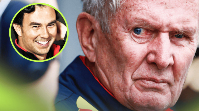 A close-up shot of Helmut Marko with an inset of Sergio Perez