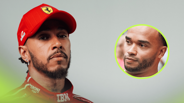 A studio shot of Lewis Hamilton wearing a Ferrari cap and overalls with an inset of Nicolas Hamilton