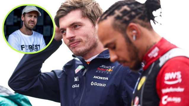 Max Verstappen left, and Lewis Hamilton, right, pictured at the 2025 British Grand Prix, as Sebastian Vettel appears in a top left circle