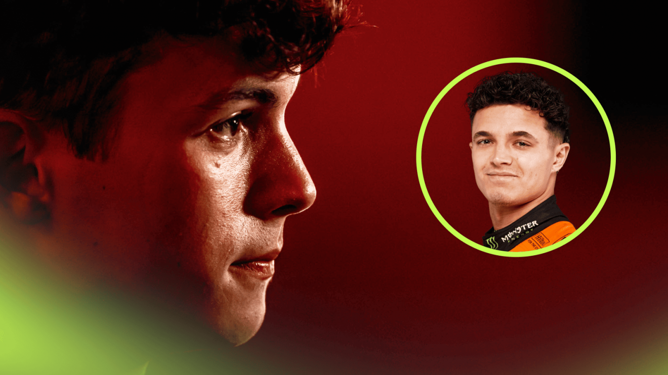 A side-profile shot of Oliver Bearman with an inset of Lando Norris