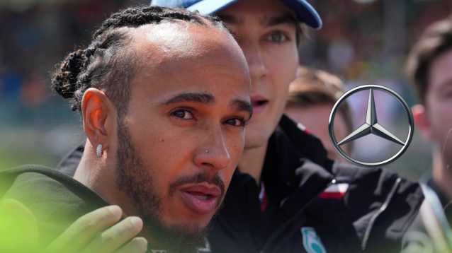 Lewis Hamilton and George Russell pictured at the 2024 British Grand Prix, as a Mercedes logo appears on the right