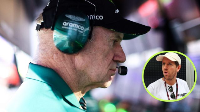 Adrian Newey on the Aston Martin pit wall at the 2025 Qatar Grand Prix, as Sebastian Vettel appears in a bottom right circle