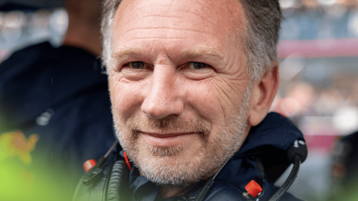 A close-up shot of Christian Horner eyeing the camera on the grid at Silverstone