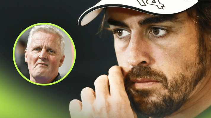 A close-up shot of Fernando Alonso in s 2015 press conference with an inset of Johnny Herbert