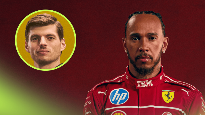 Lewis Hamilton posing in Ferrari uniform with an inset of Max Verstappen