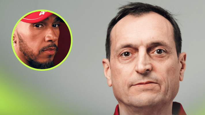 A studio shot of Riccardo Adami with an inset of Lewis Hamilton