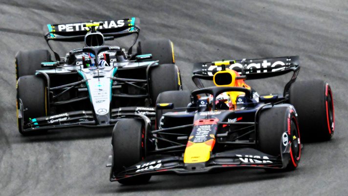 Mercedes' George Russell and Red Bull's Max Verstappen battle at the 2025 Dutch Grand Prix.