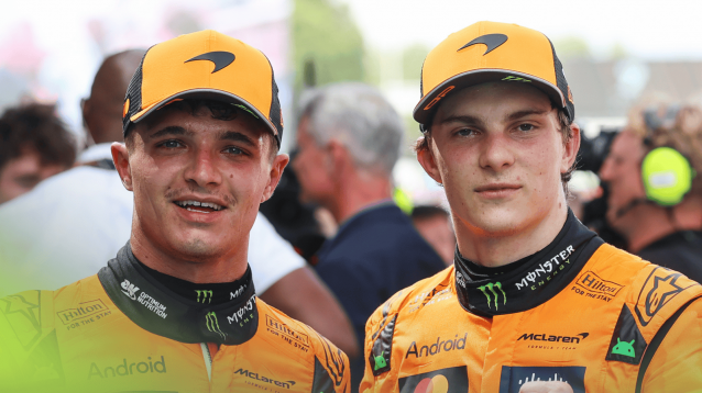 Lando Norris and Oscar Piastri pose together in parc ferme in Barcelona